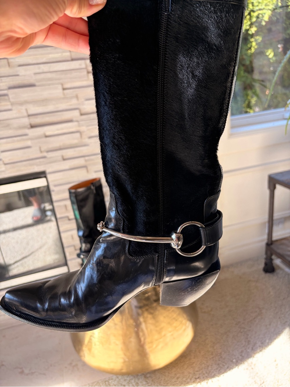 Donald J. Pliner Black Mid-Calf Leather and Cowhide Heeled Boots - Picture 6 of 10